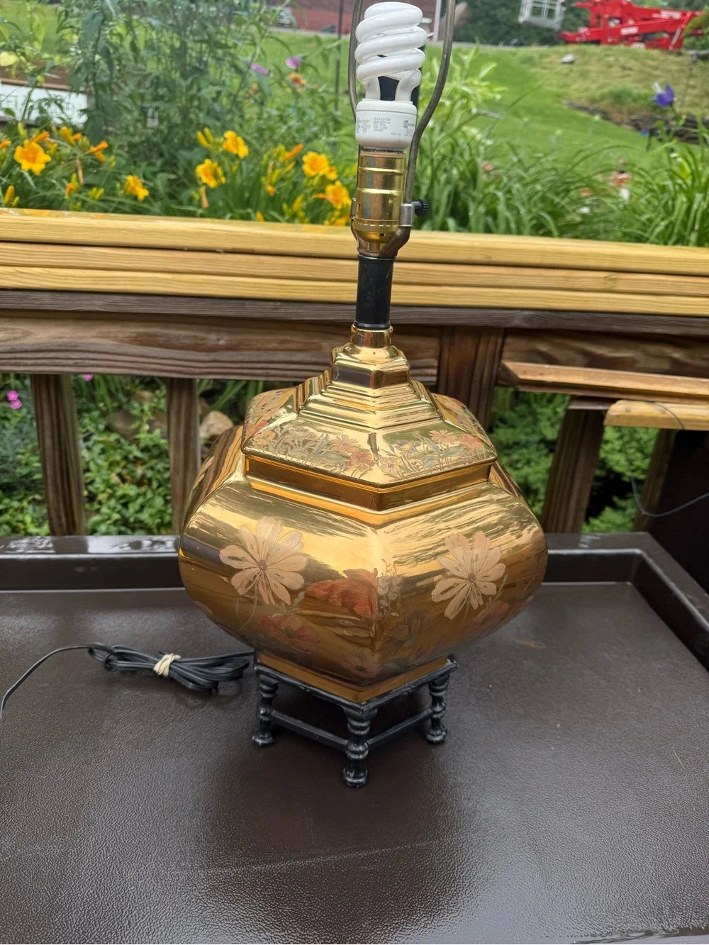 Vintage Solid Cast Brass Chinoiserie Ginger Jar Table Lamp hand painted flowers